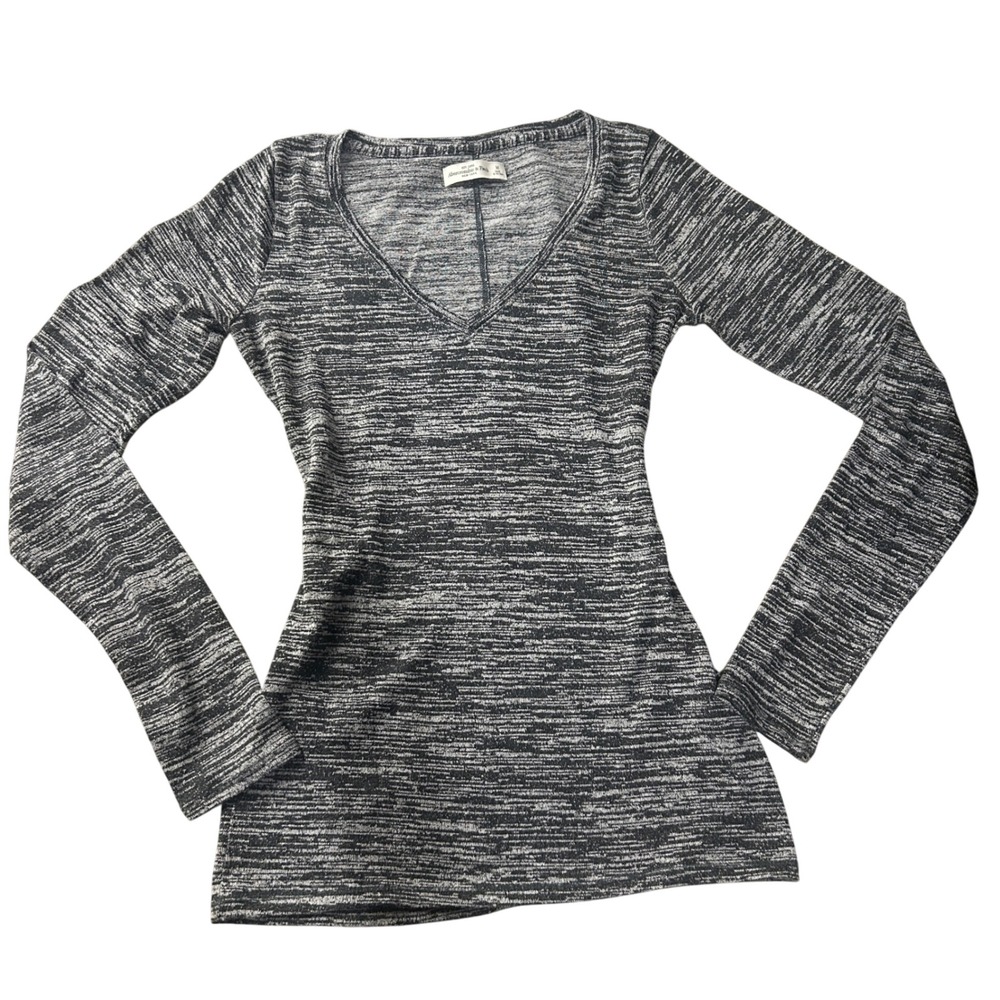 Abercrombie & Fitch Top Long Sleeve V Neck Gray Black Knit Womens Size‎ M